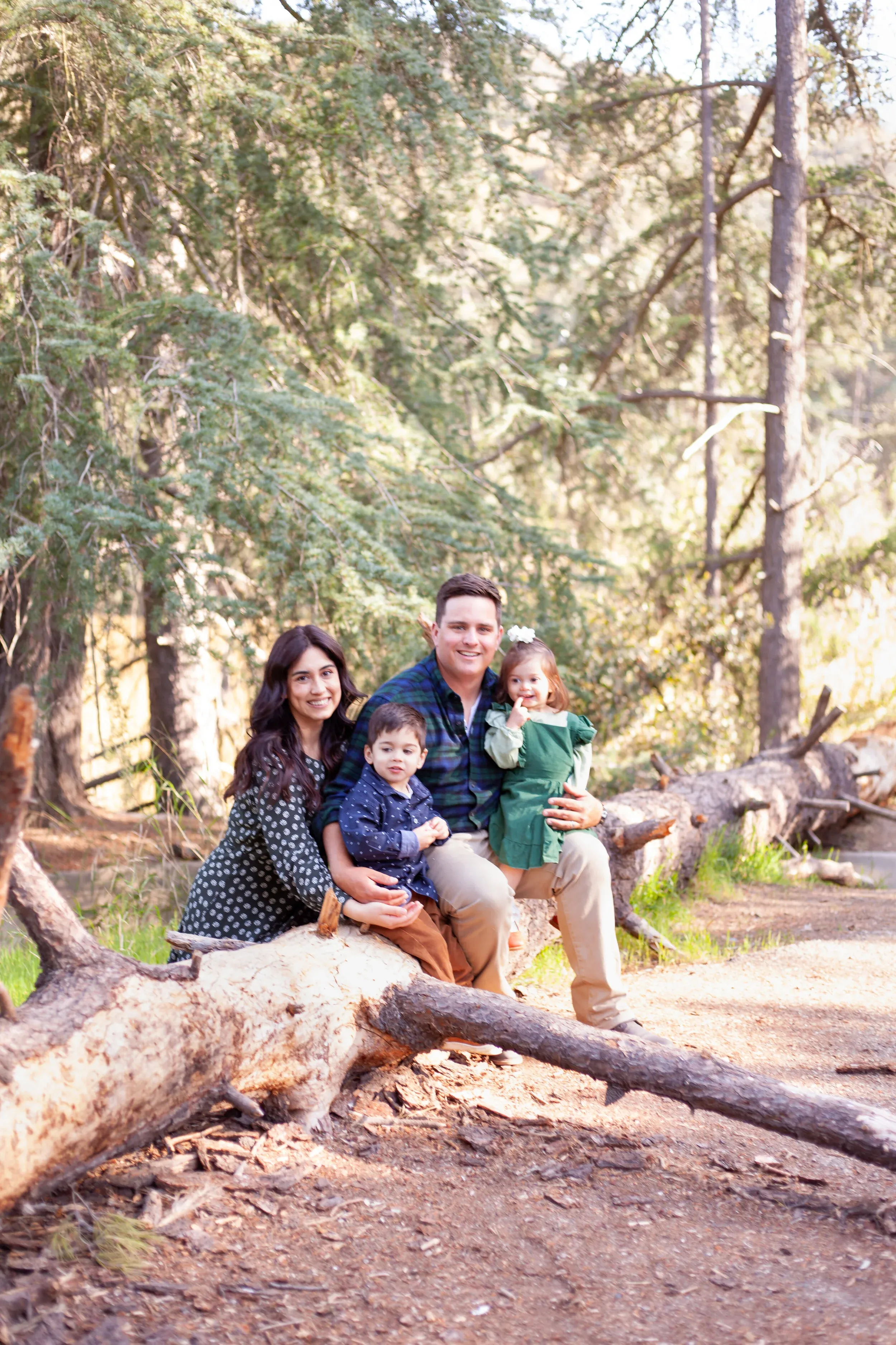 The owner of A2Z with his wife and two young children, sitting on a fallen log in the woods