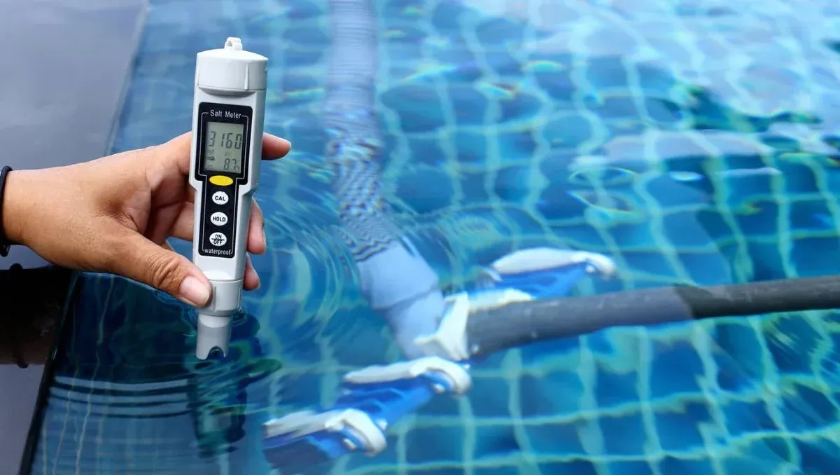 A handheld salt meter being held over a pool